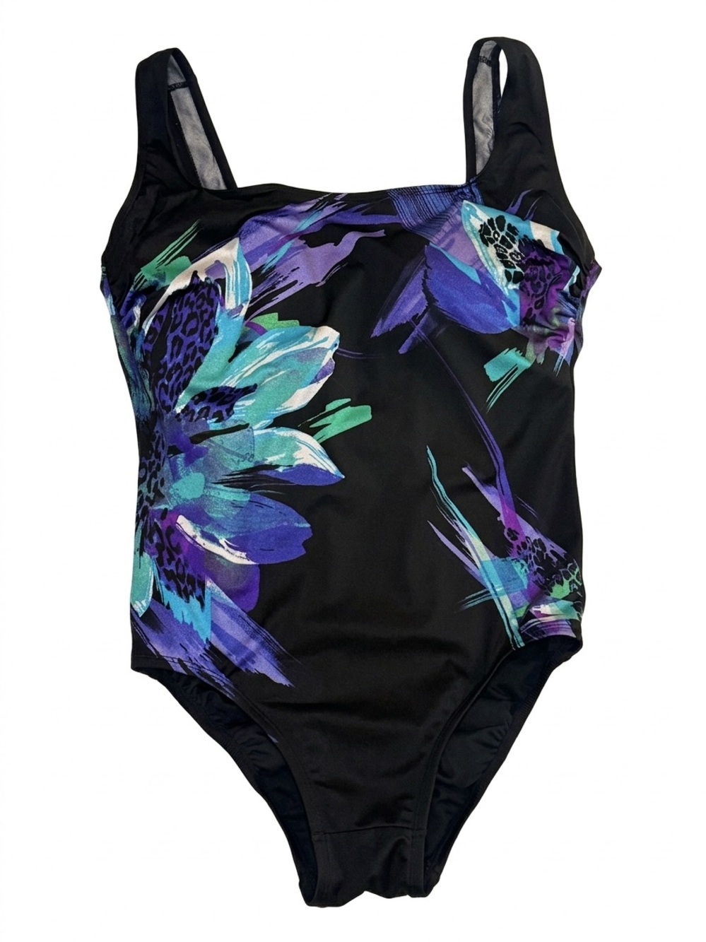 Longitude Black Floral Abstract One Piece Swimsuit Size 12 Purple Teal